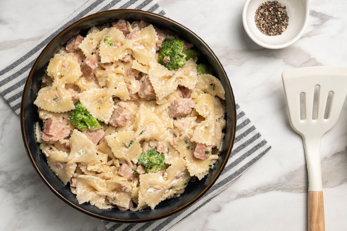 Overhead shot of Ham & Broccoli Pasta;