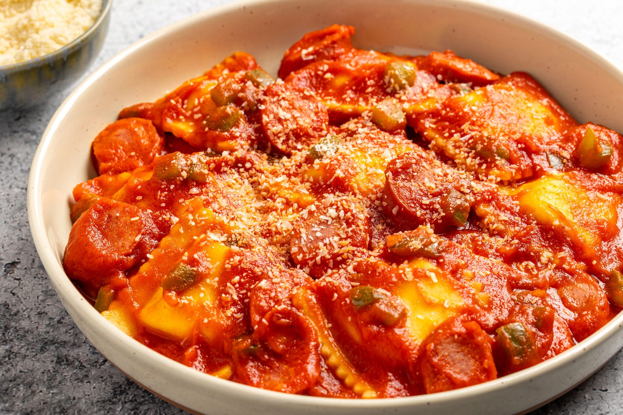 3/4 shot of Ravioli with Sausage