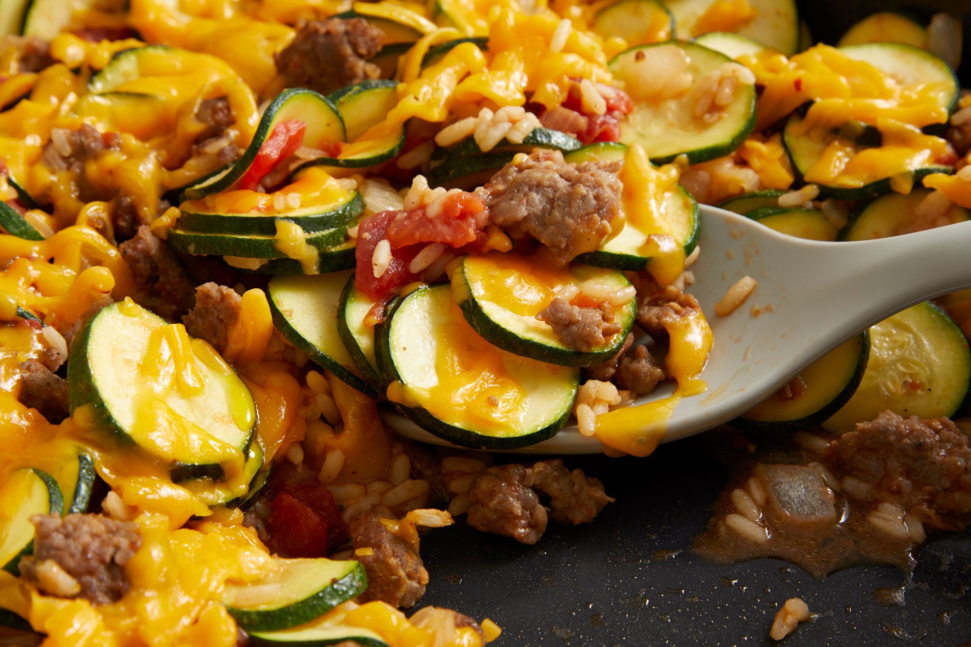 Close up shot of Zucchini & Sausage Stovetop Casserole