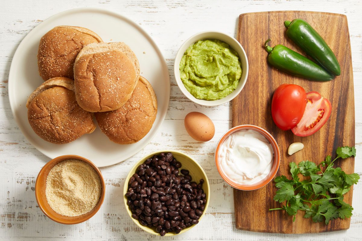 Overhead shot of ingredients on the counter for Air Fryer Black Bean Burger