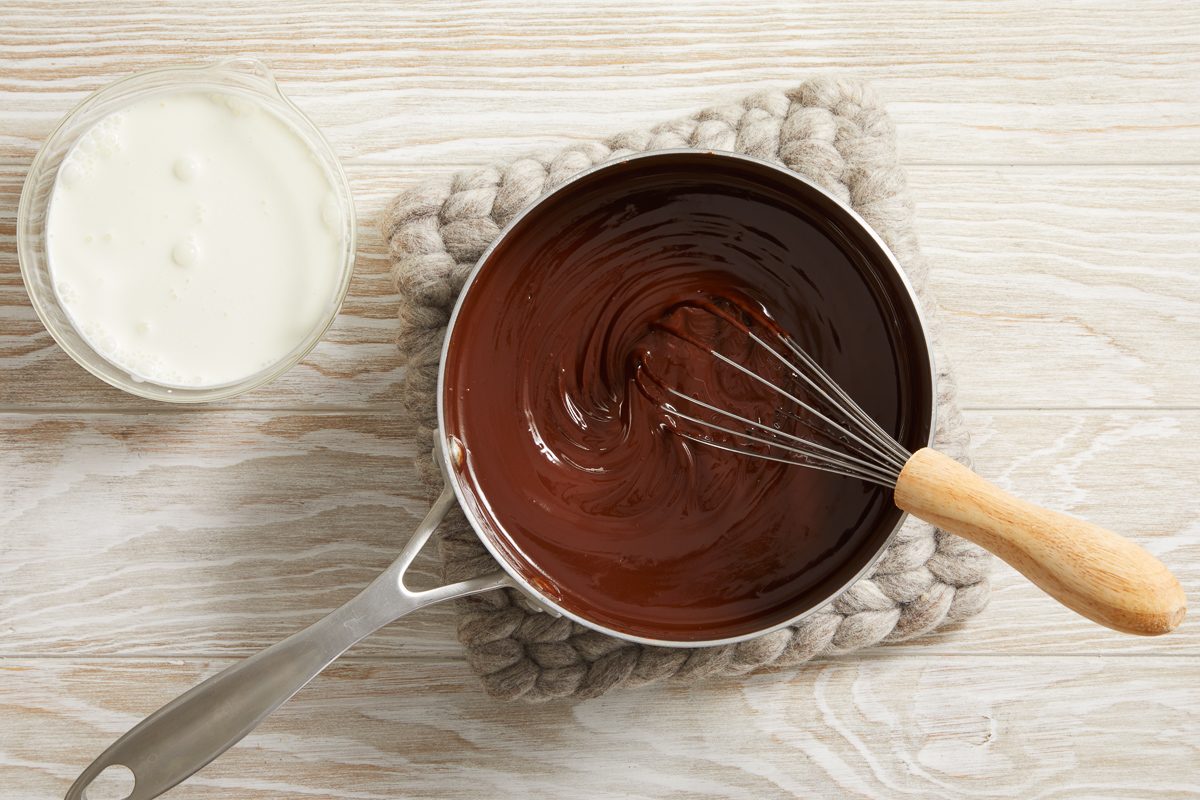 melted butter and chocolate being mixed in a saucepan