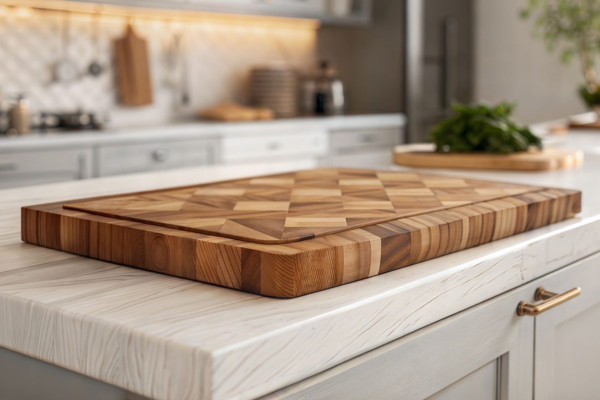 End-grain wood countertop with a cutting board, set against a softly blurred kitchen interior.