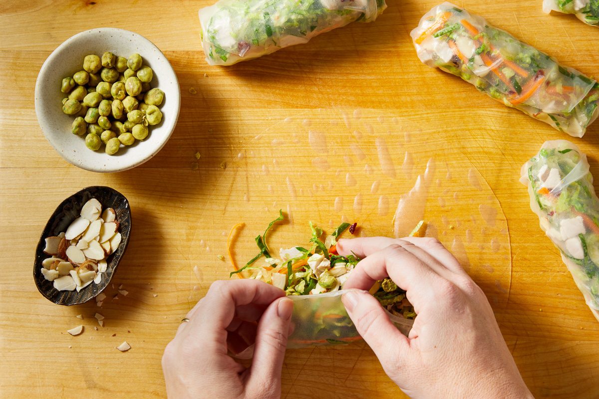 top view of spring rolls being wrapped