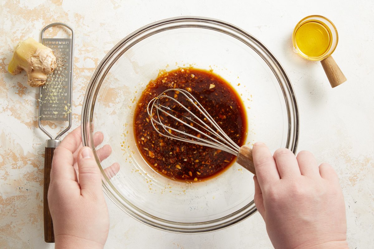 soy sauce, brown sugar, sesame oil, ginger and garlic combined in a bowl