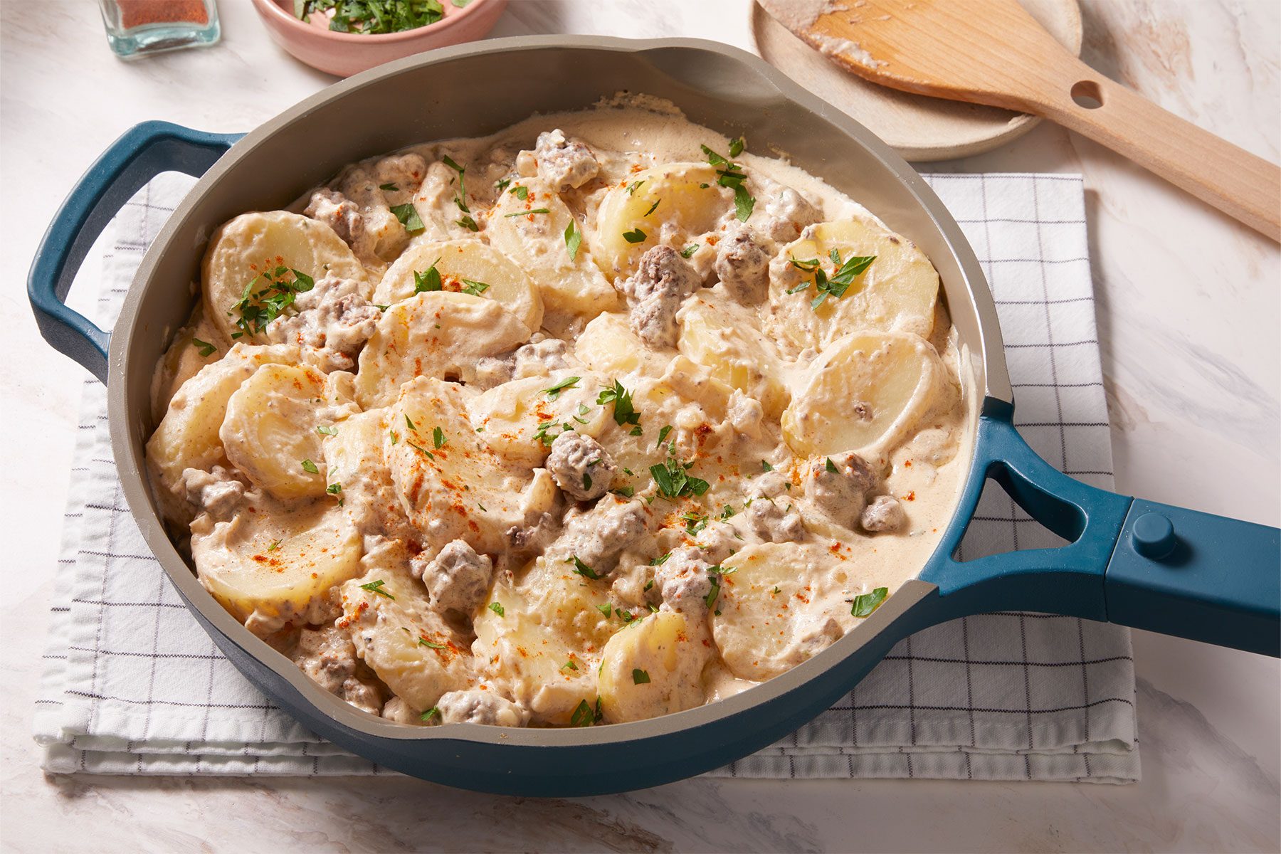 Potato Stroganoff in a pan