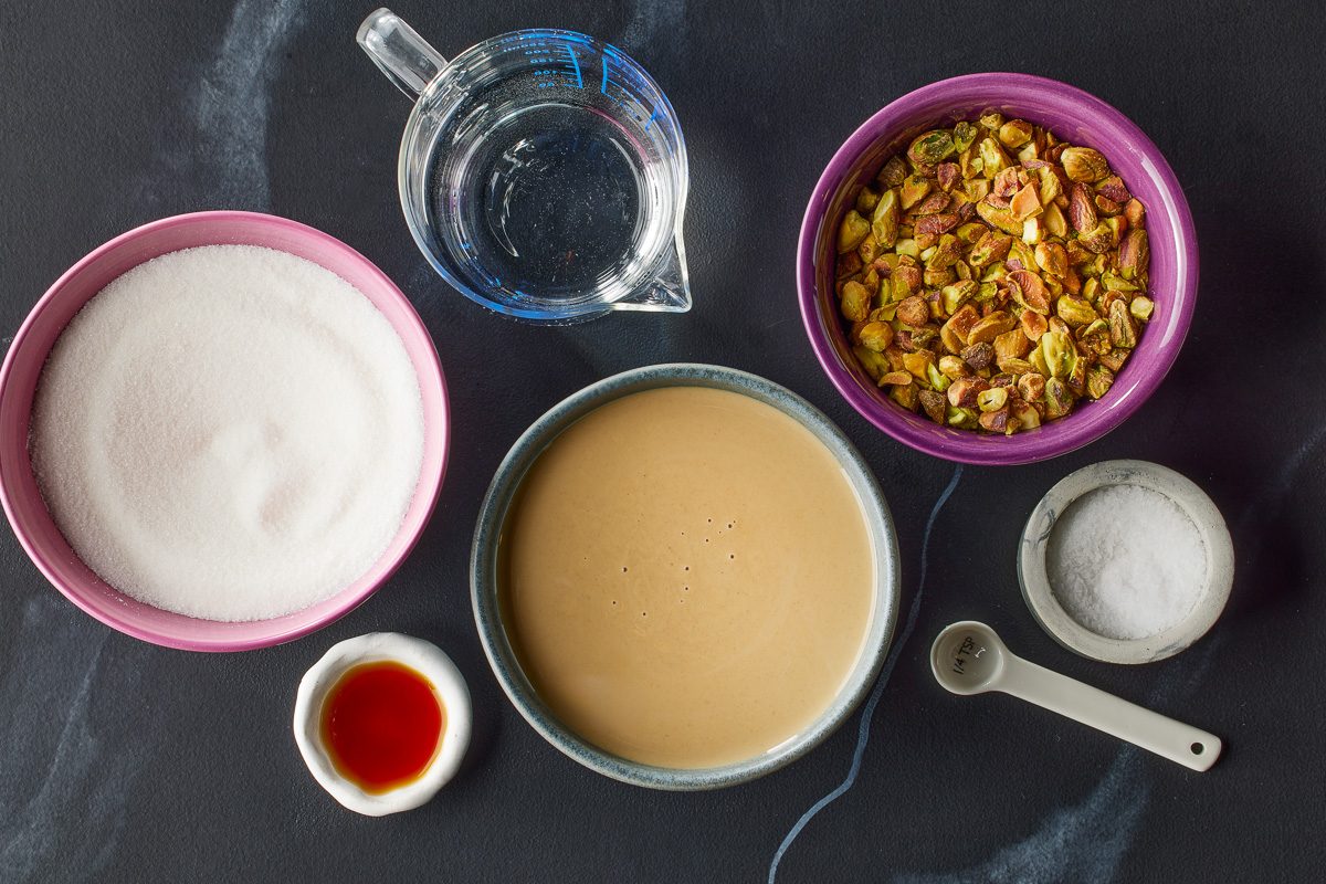 sugar, tahini, salt, vanilla extract and pistachios