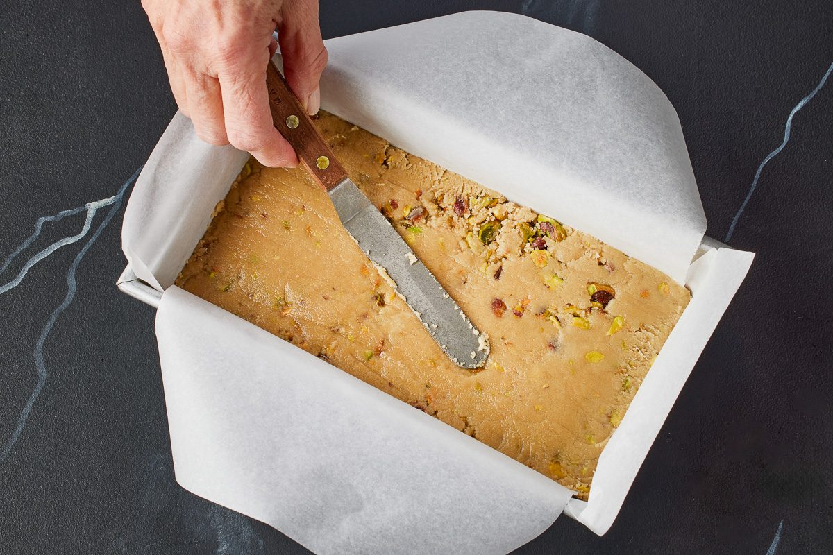 halva mixture pressed into a 9x5-inch loaf pan