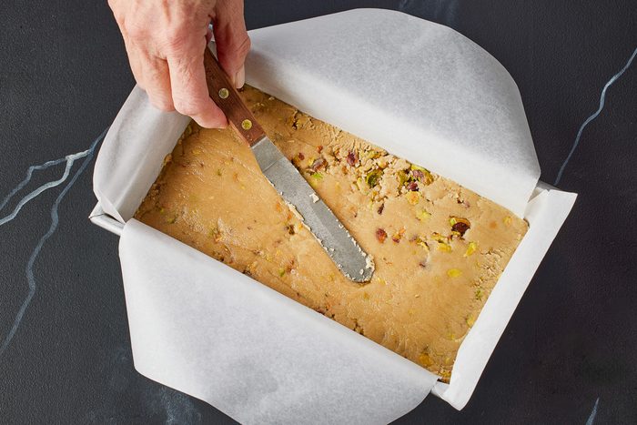 halva mixture pressed into a 9x5-inch loaf pan