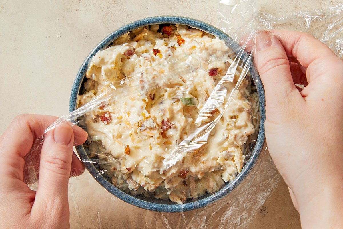 Serving bowl, covered tightly with plastic wrap and ready to chill.