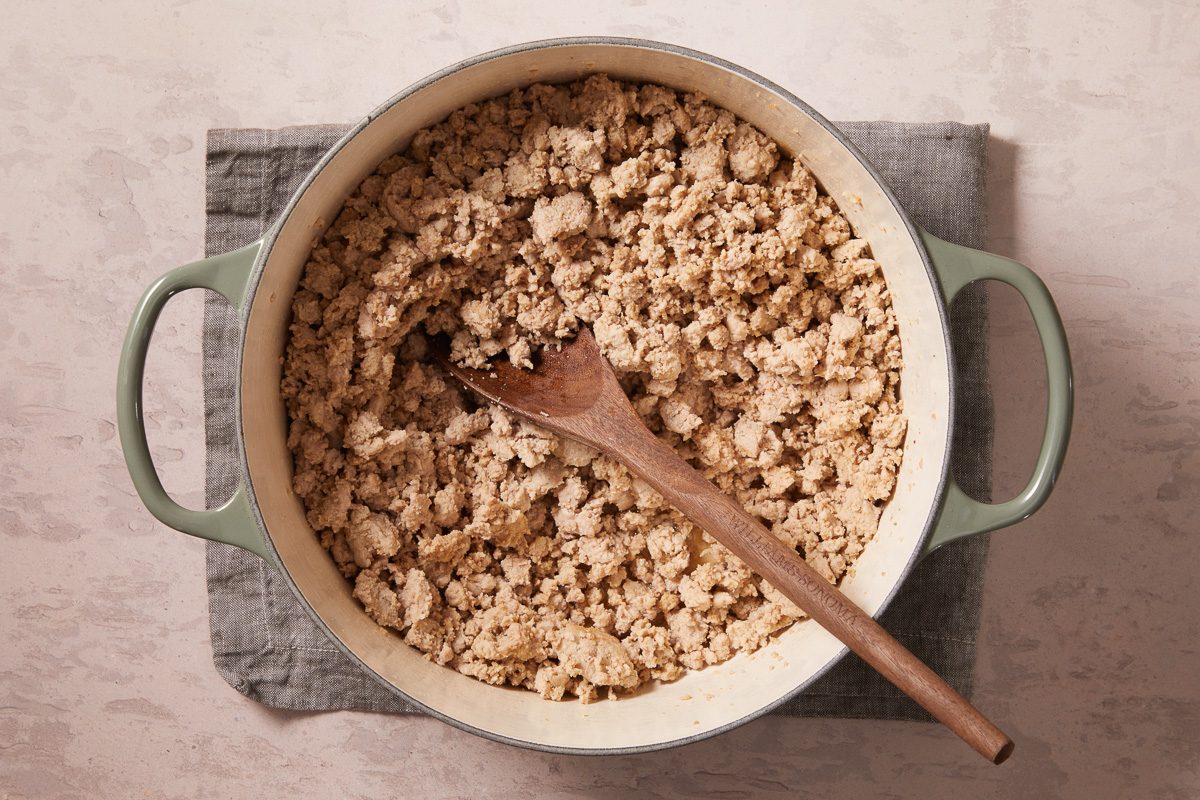 ground turkey being cooked in a large stockpot